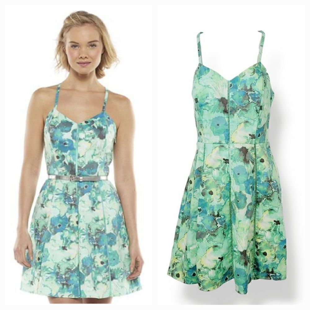 Candies Floral Watercolor Fit and Flare Dress in Turquoise Green Size 1